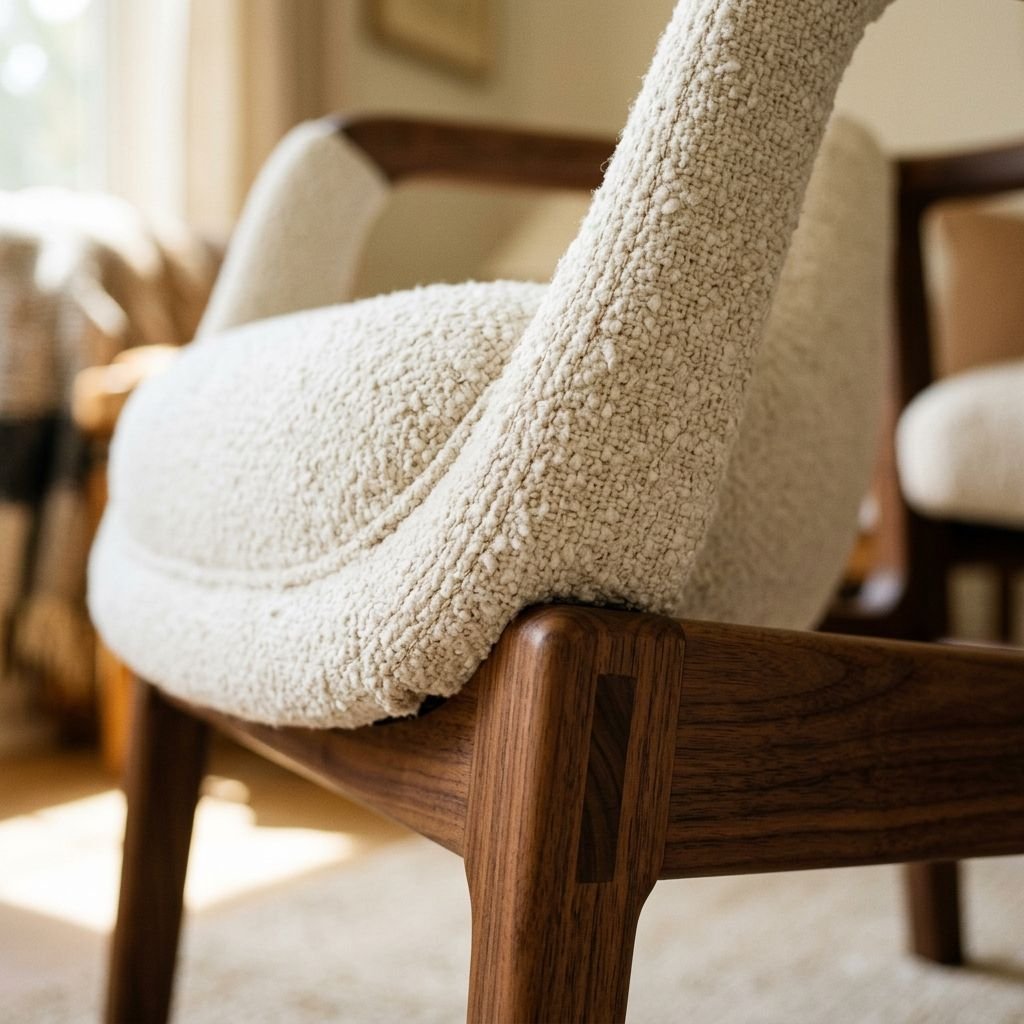 Close-up of stitched linen upholstery and wooden leg joinery on The Sunday Armchair