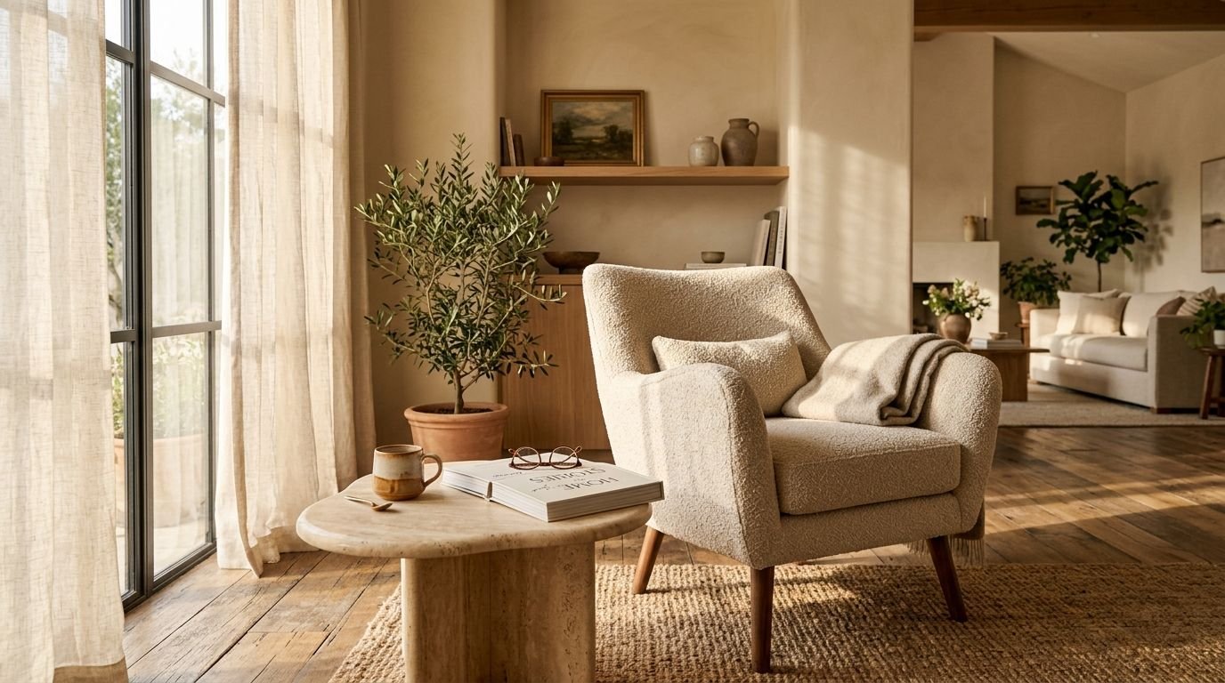 The Sunday Armchair beside a sunlit window in a calm living room