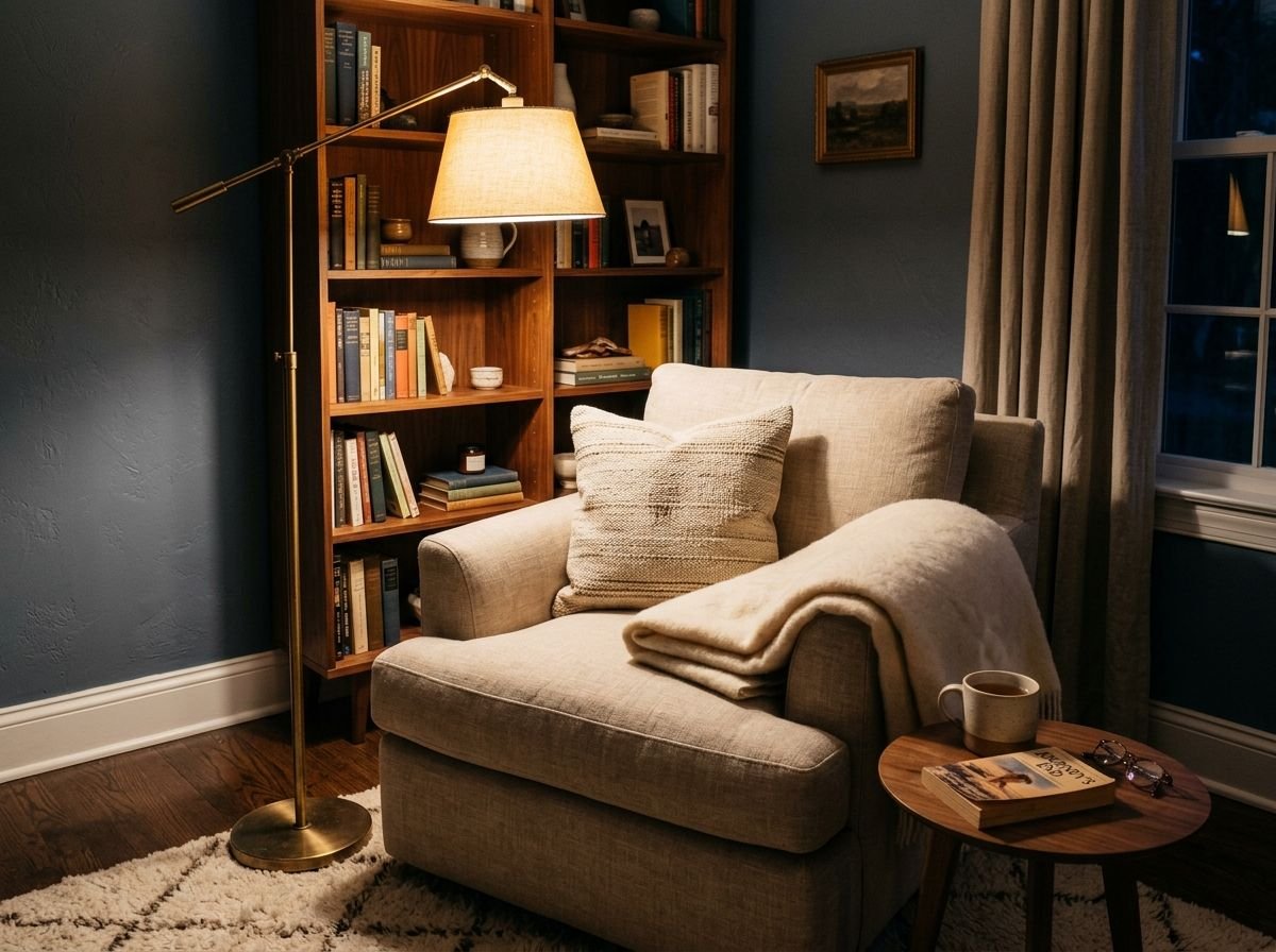 The Sunday Armchair in a reading corner with a lamp and bookshelf