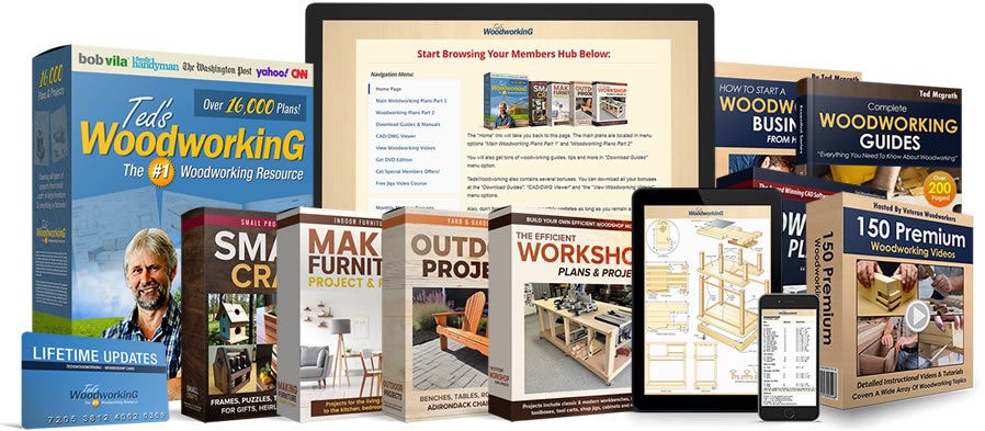 TedsWoodworking complete package showing 16,000 step-by-step woodworking plans, printed woodworking guides, DVD and premium video course for DIY furniture projects